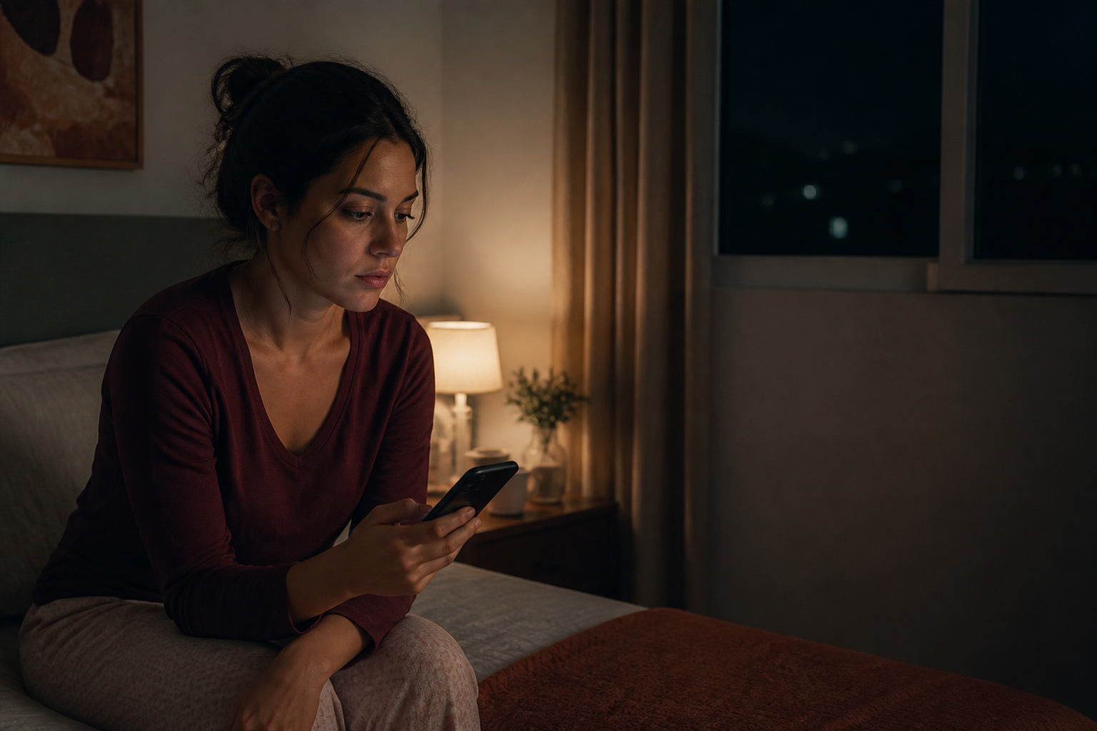 Mulher sentada na cama à noite olhando o celular